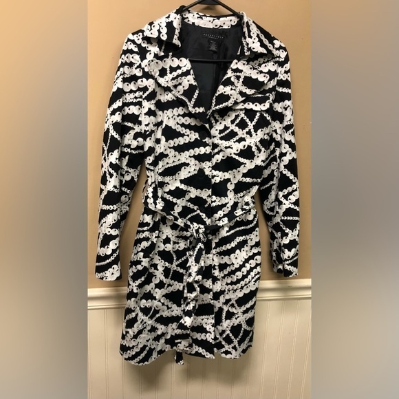 apostrophe Black White Pearl Necklace Print Trench Style Jacket Size M - Picture 1 of 6